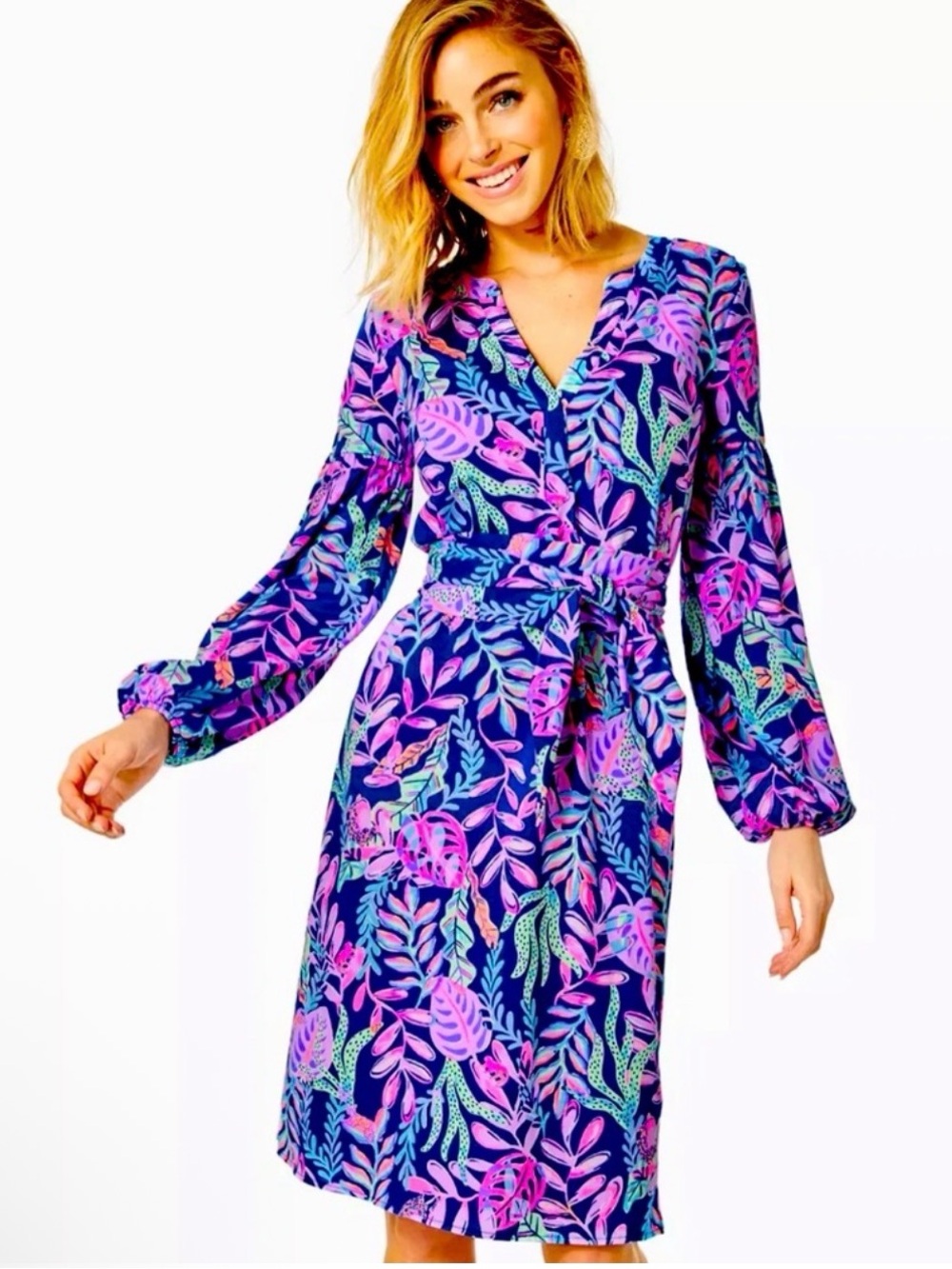 Lilly Pulitzer Navy Midi Wrap Dress with Pink & Teal Leaf Print